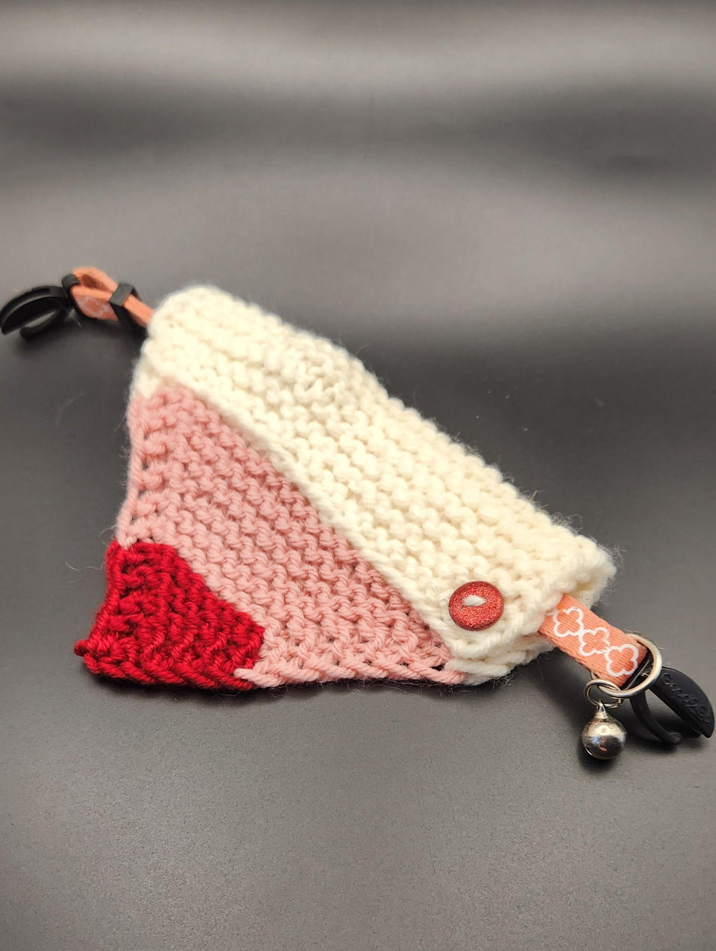 Valentine's small pet bandana, knit over-the-collar cat bandanna, red white pink striped pet neckwear