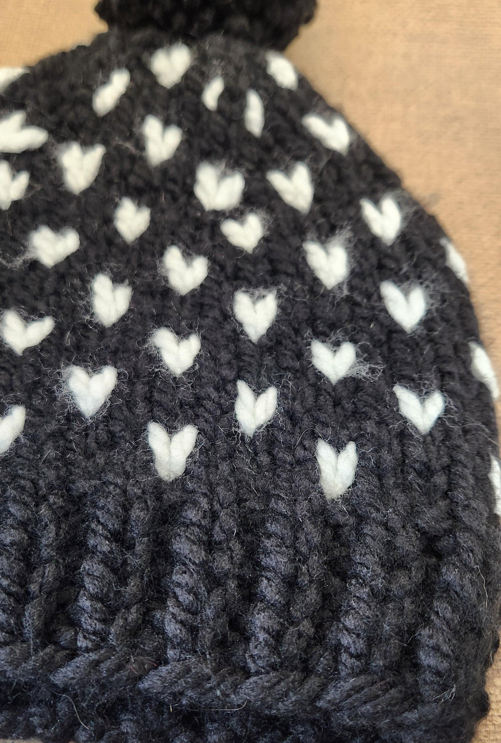 Black white hat, knit hearts black beanie, handmade mini heart winter hat