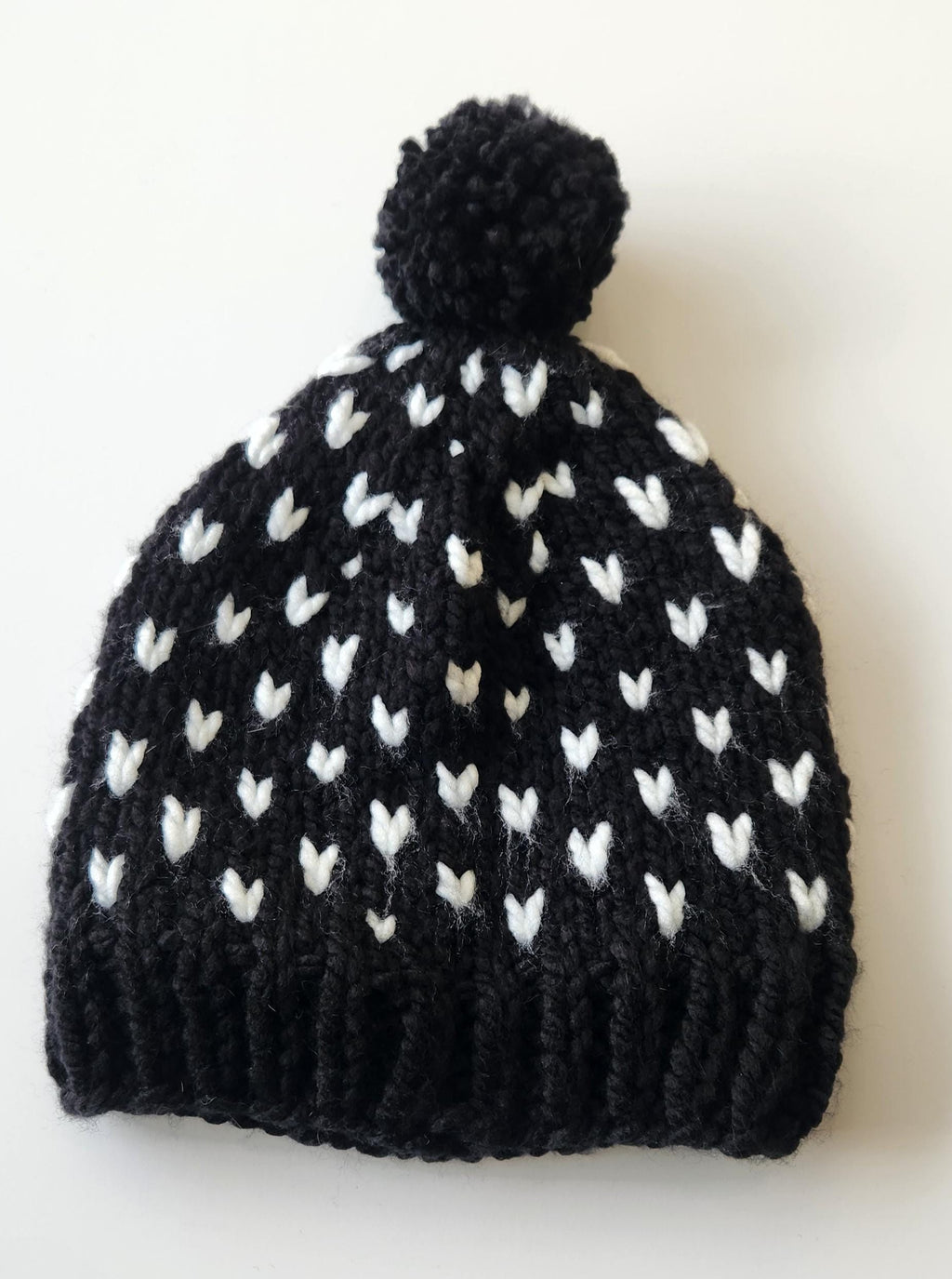 Black white hat, knit hearts black beanie, handmade mini heart winter hat