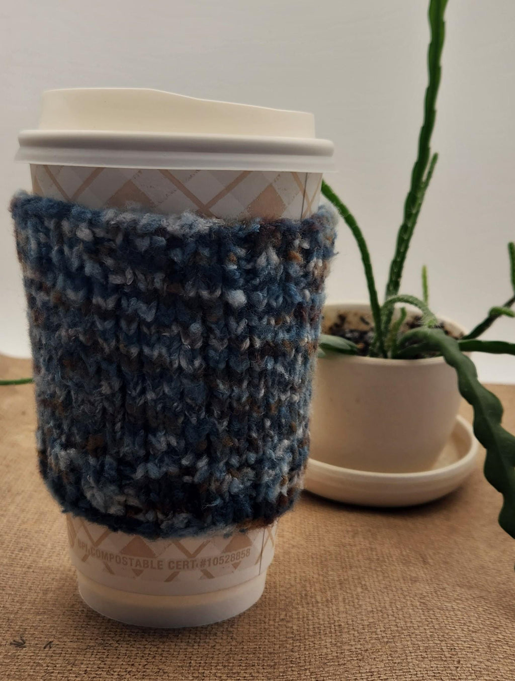 Blue/brown coffee cozy