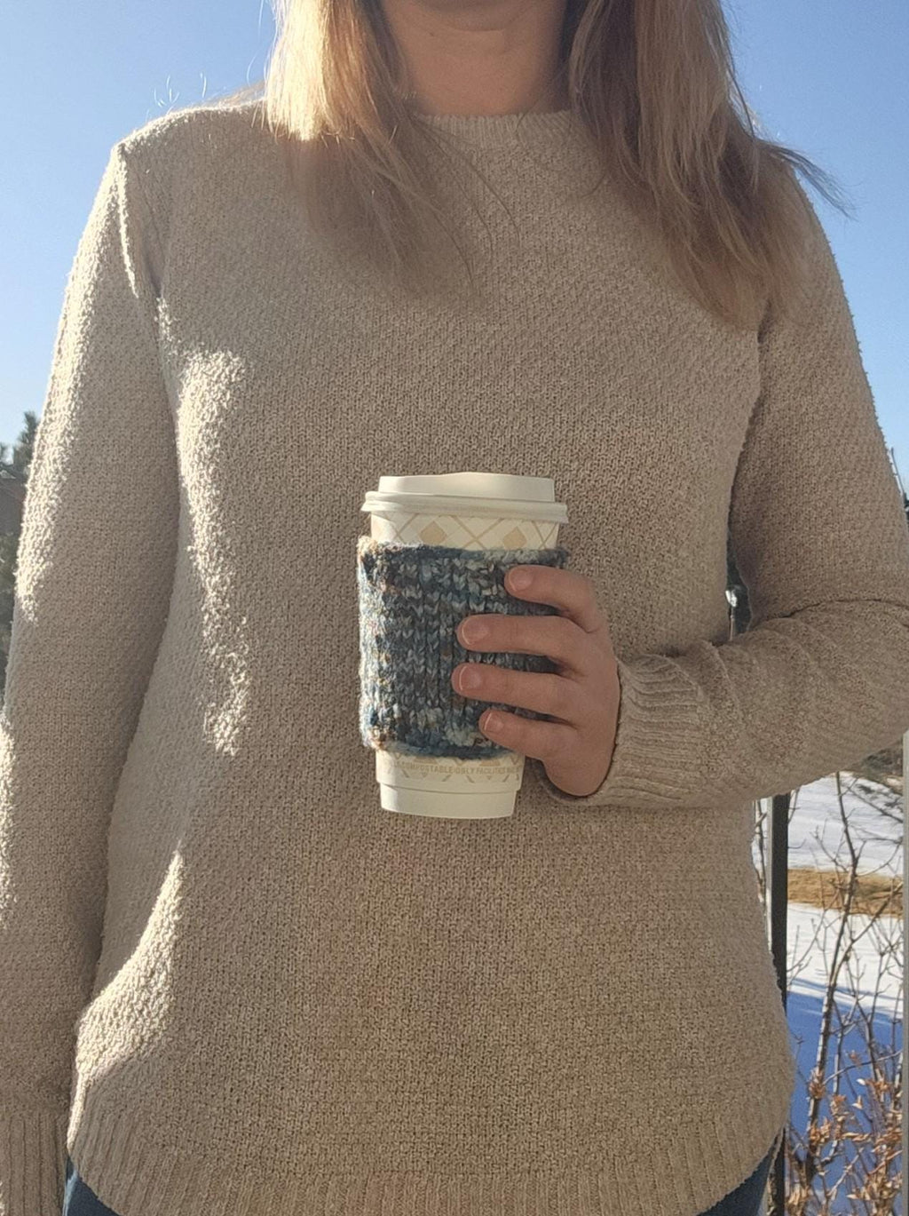 Blue/brown coffee cozy