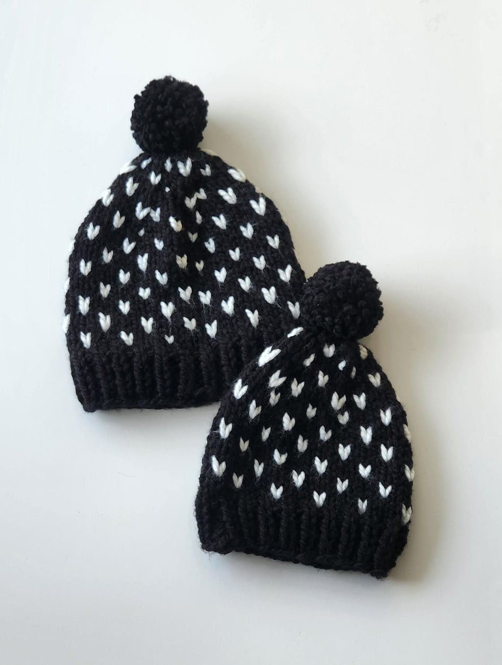 Black white hat, knit hearts black beanie, handmade mini heart winter hat