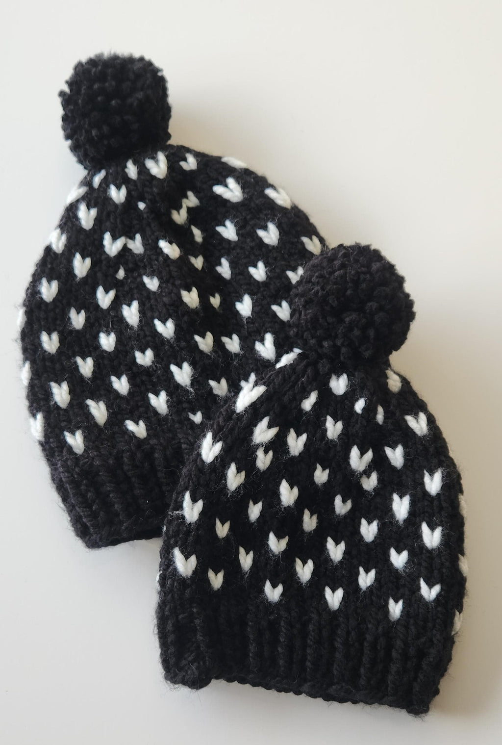 Black white hat, knit hearts black beanie, handmade mini heart winter hat