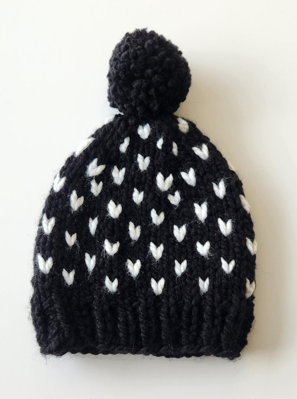 Black white hat, knit hearts black beanie, handmade mini heart winter hat