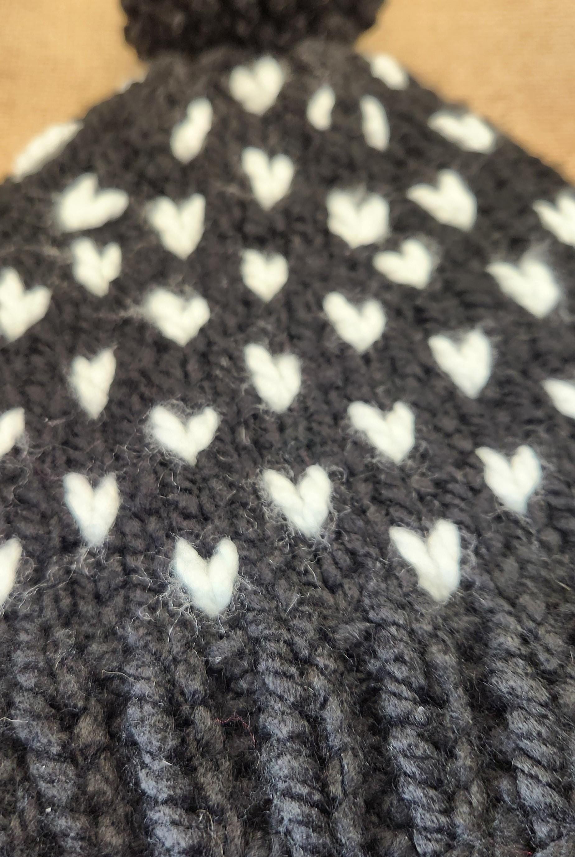Black white hat, knit hearts black beanie, handmade mini heart winter hat