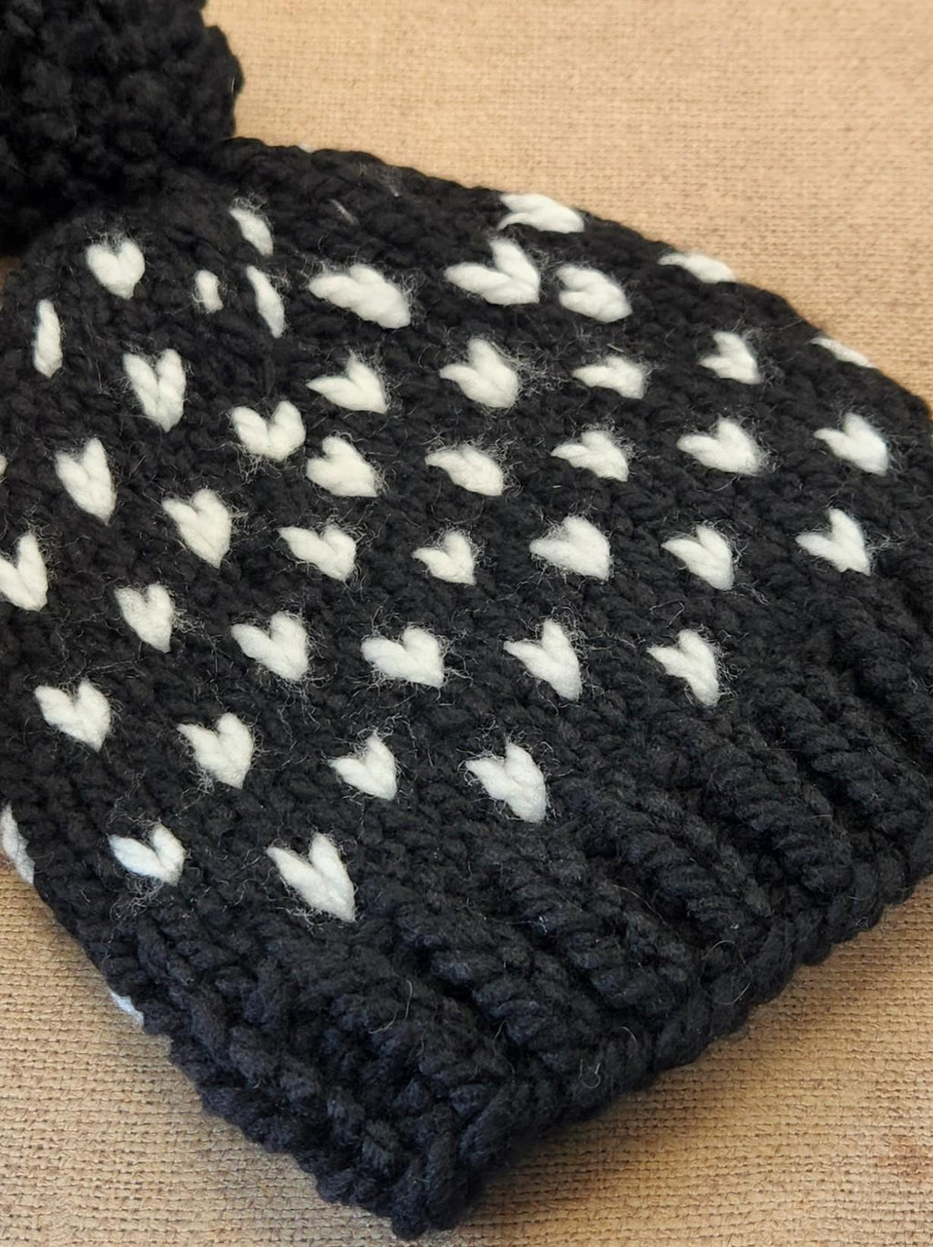 Black white hat, knit hearts black beanie, handmade mini heart winter hat