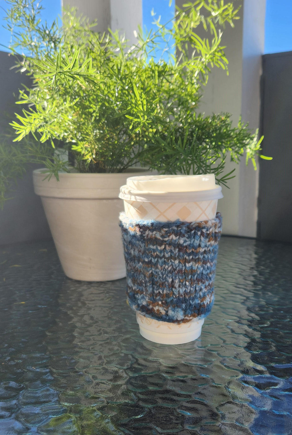 Blue/brown coffee cozy