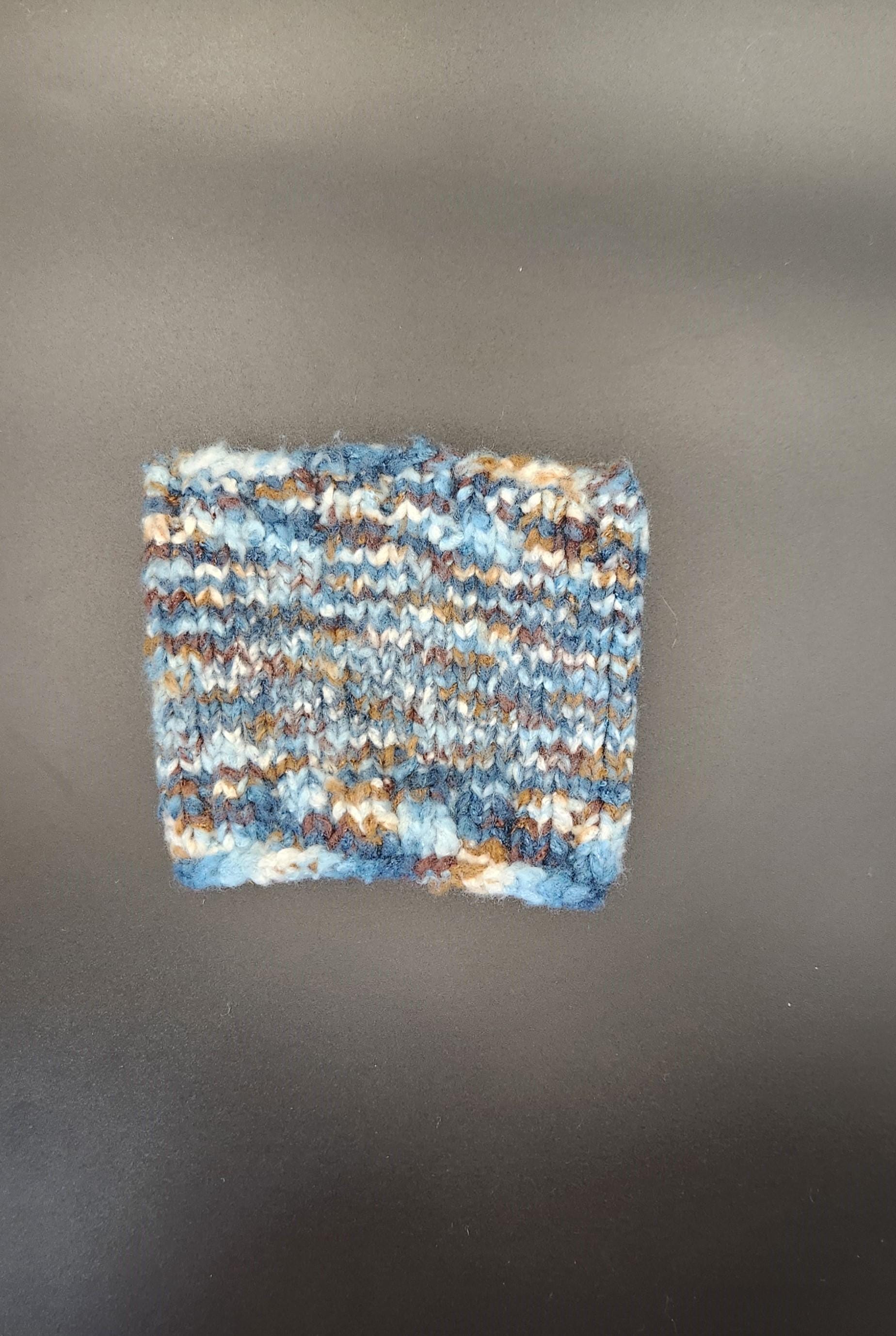 Blue brown coffee cozy, reusable knit handmade bamboo cup cozy, vegan sustainable coffee sleeve