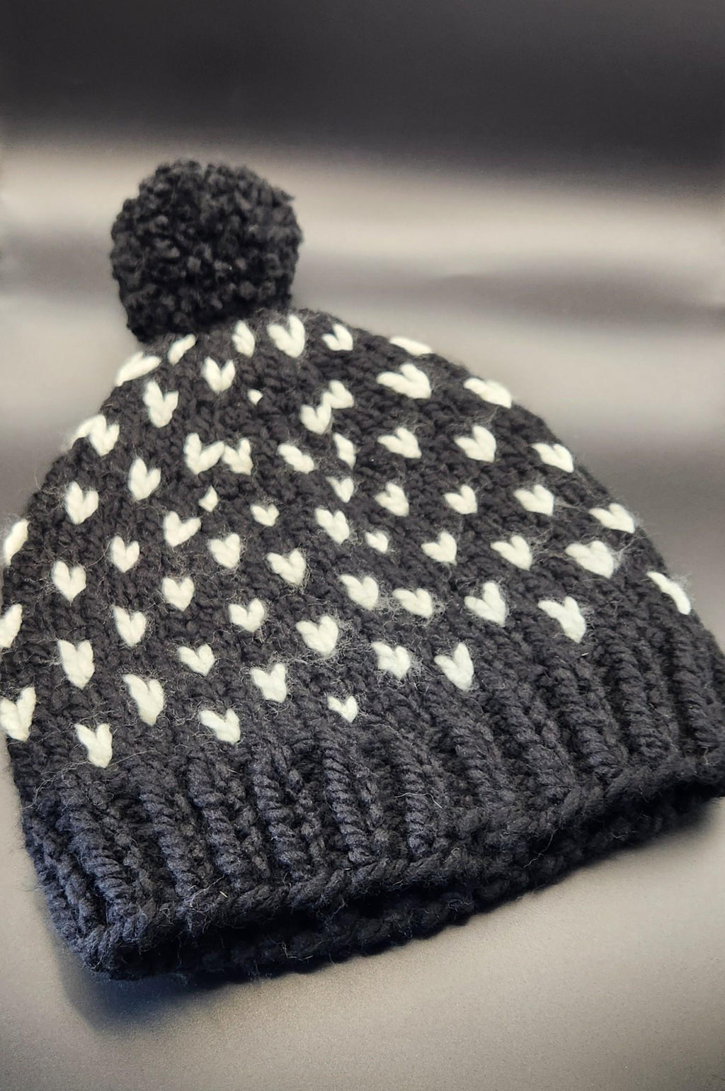Black white hat, knit hearts black beanie, handmade mini heart winter hat